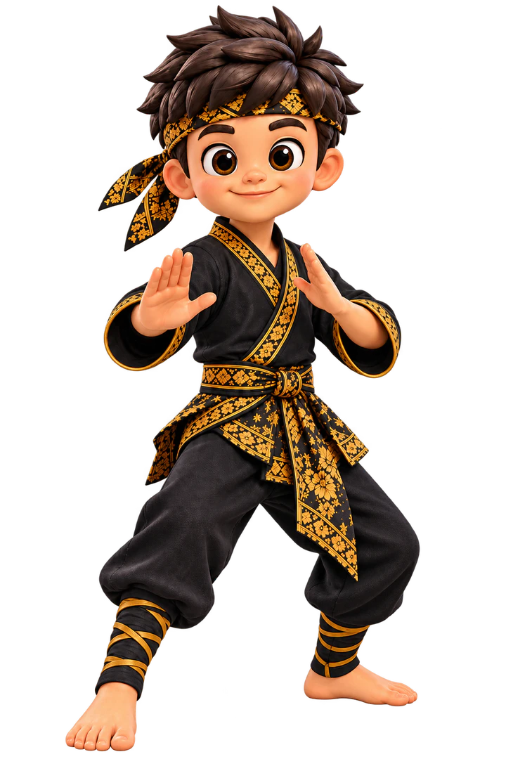Dean in his canonical black and gold silat attire