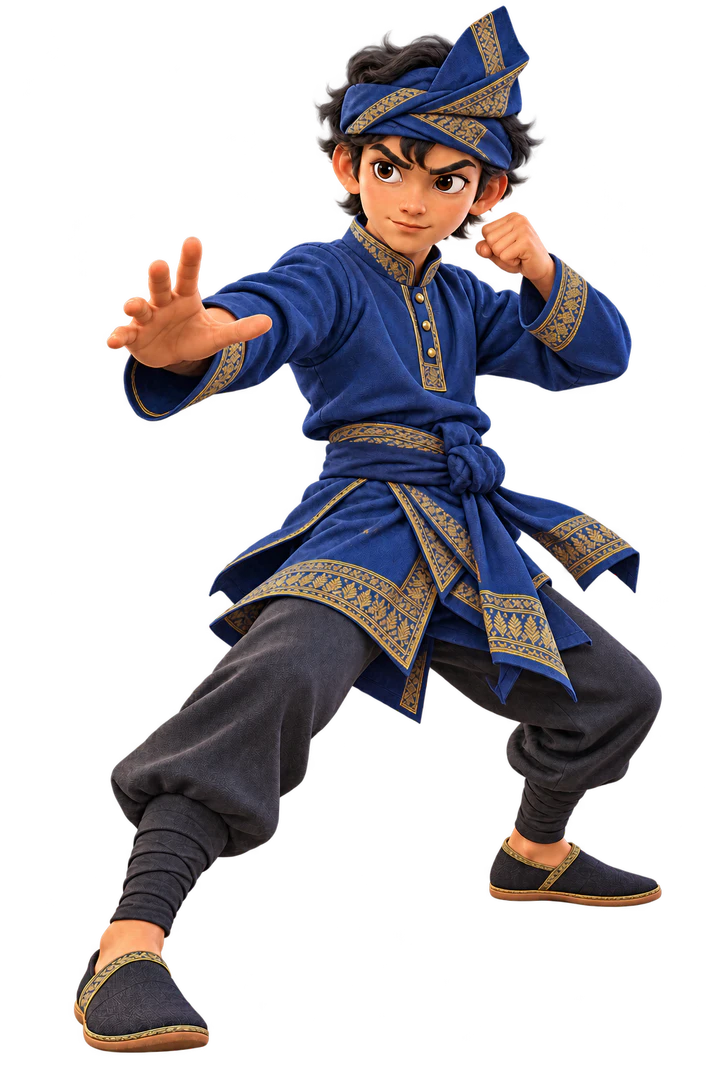 Teenage Hang Jebat in royal blue silat attire