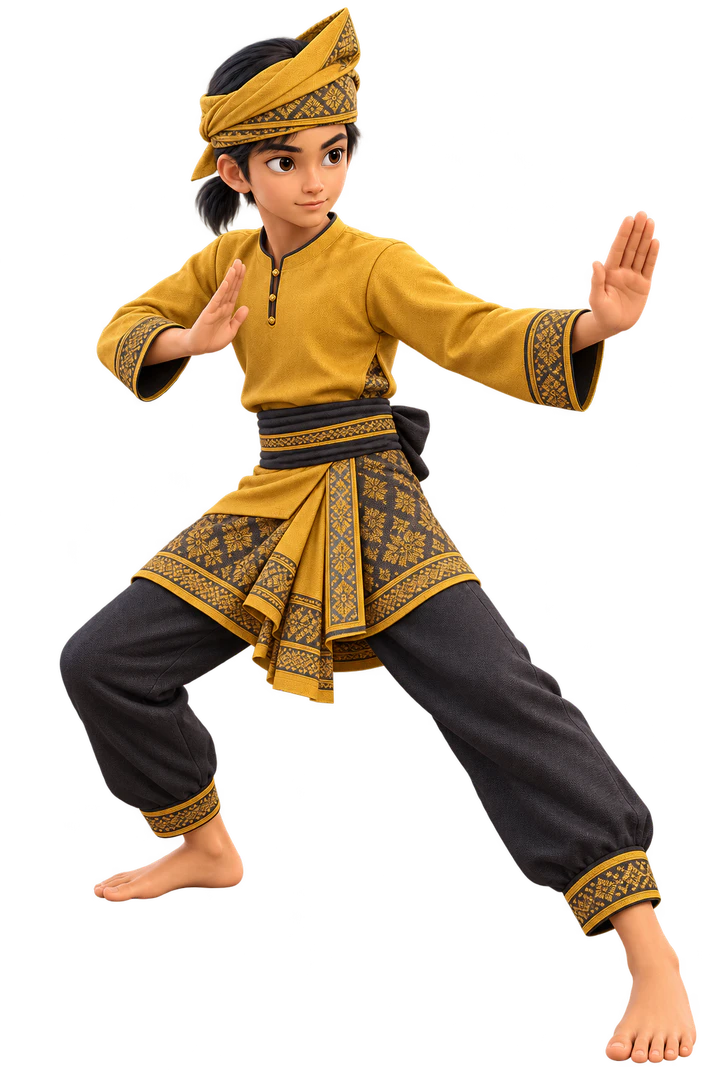 Teenage Hang Kasturi in warm yellow silat attire