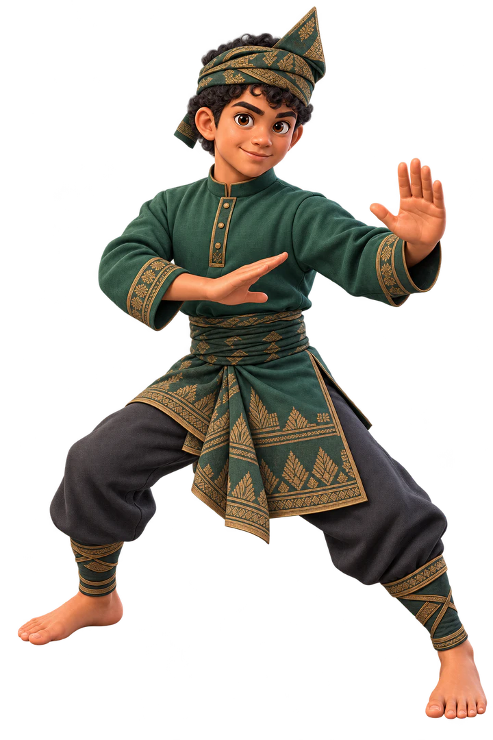 Teenage Hang Lekir in deep green silat attire