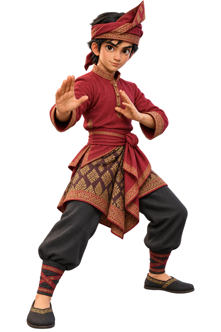 Teenage Hang Tuah in noble red silat attire