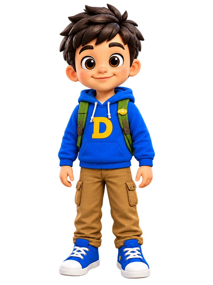 Dean at his original size, in a blue hoodie with a backpack