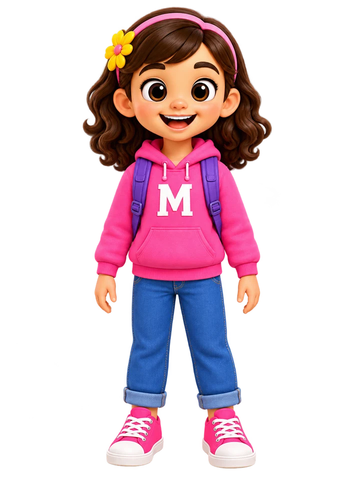 Maya at her original size, in a pink hoodie with a backpack